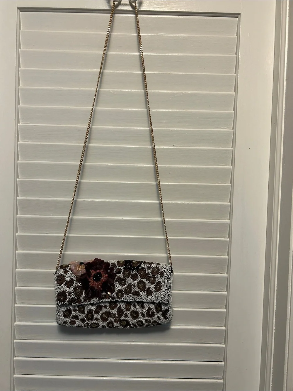 Beaded Floral Accent Leopard-Print Crossbody Clutch - White & Brown